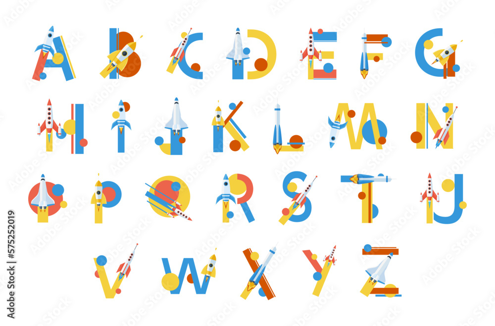 Spaceship font English alphabet abc letters vector flat childish calligraphy educational typescript