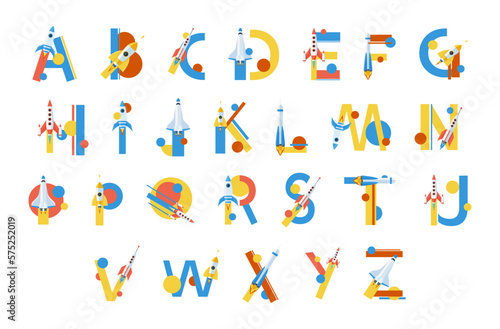 Spaceship font English alphabet abc letters vector flat childish calligraphy educational typescript