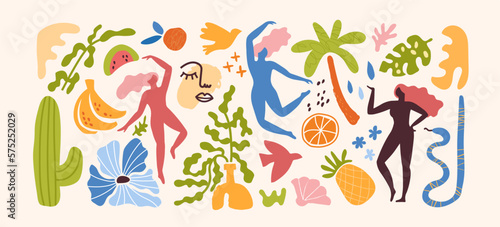 Matisse paint stickers, doodle bundle. Abstract natural summer sketch, freehand people, organic shapes. Tropical fruits and plants, naked women. Minimal drawing vector isolated decor