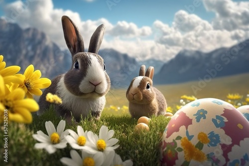 Many colorful Easter eggs in the grass in the meadow. rabbit with easter eggs on the grass. Generative Ai