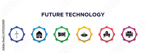 future technology filled icons with infographic template. glyph icons such as eolic energy, smart house, panoramic view, avatar, jetpack, online learning vector.