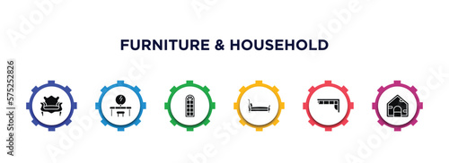 furniture & household filled icons with infographic template. glyph icons such as fauteuil, lowboy, window, sleigh bed, corner sofa, dog vector.