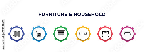 furniture & household filled icons with infographic template. glyph icons such as heating unit, rocking chair, window coverings, dining room, adornment, table vector.