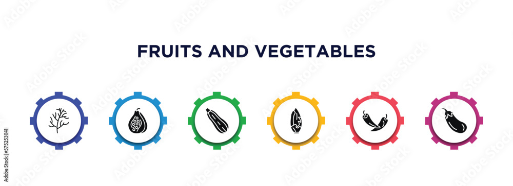 fruits and vegetables filled icons with infographic template. glyph icons such as dill, papaya, zucchini, lettuce, pepper, aubergine vector. fruits and vegetables filled icons with infographic template. glyph icons such as dill, papaya, zucchini, lettuce, pepper, aubergine vector.