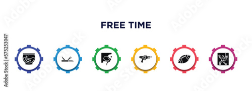 free time filled icons with infographic template. glyph icons such as fish tank, multitool, climb, water gun, rugby ball, climbing vector.