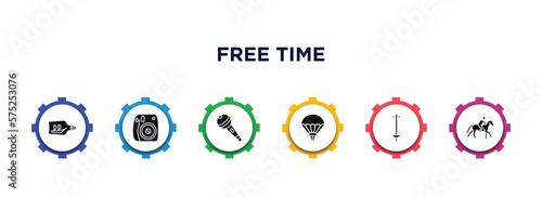 free time filled icons with infographic template. glyph icons such as ship in a bottle, instant camera, karaoke, parachuting, pogo stick, riding vector.