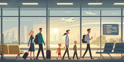 Family walking in airport terminal for vacation - Generative AI