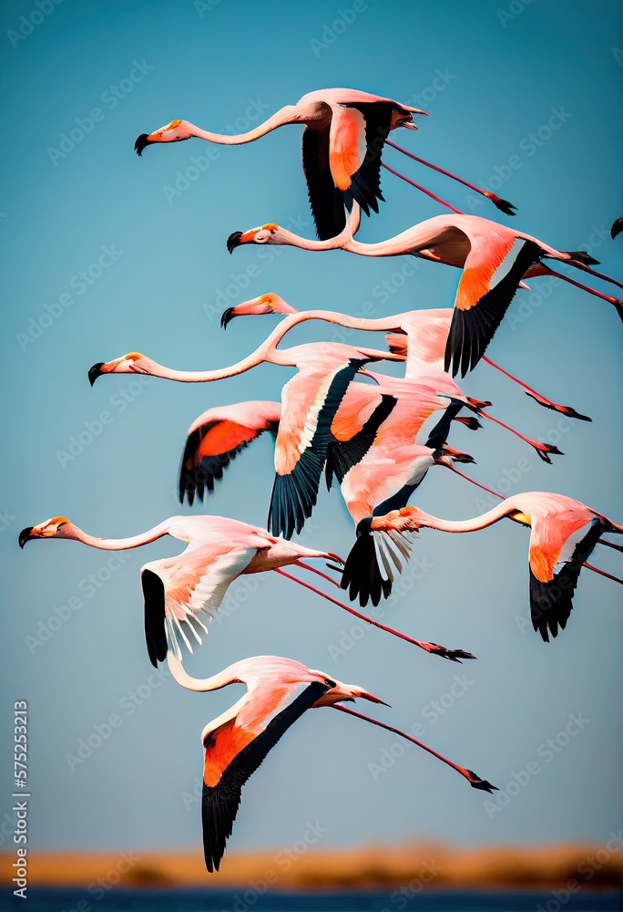 Flamingos fliegen im Schwarm, generative AI