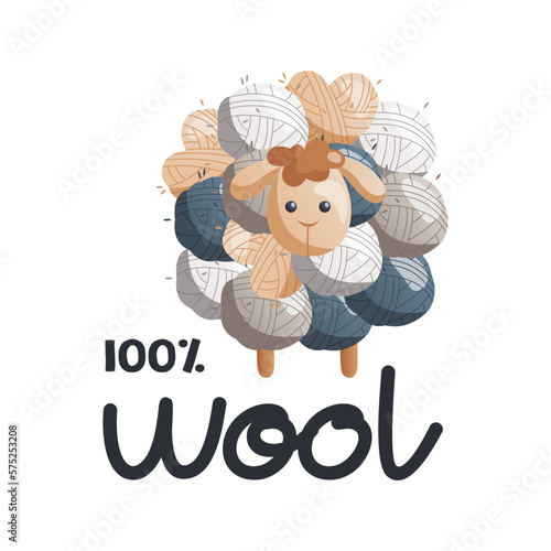 Toy sheep made of balls with lettering 100% wool. Skein of yarn. Tools and equipment for knitwork, handicraft. Handmade needlework, hobby at home. Knitting studio, workshop advertising. Cartoon vector