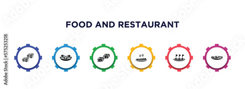 food and restaurant filled icons with infographic template. glyph icons such as dongpo pork, braised abalone, sachima, char siu, maria mole, cantonese seafood soup vector.