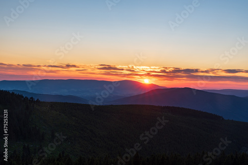 Sunset from Dlouhe strane hill in Jeseniky mountains in Czech republic