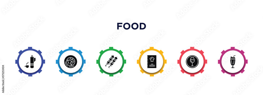 food filled icons with infographic template. glyph icons such as thermo flask, snow fungus soup, brochette, restaurant menu, drinking zone, milk shake vector. food filled icons with infographic template. glyph icons such as thermo flask, snow fungus soup, brochette, restaurant menu, drinking zone, milk shake vector.