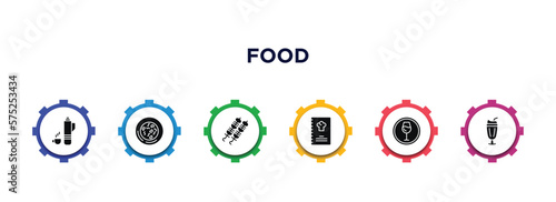 food filled icons with infographic template. glyph icons such as thermo flask, snow fungus soup, brochette, restaurant menu, drinking zone, milk shake vector.