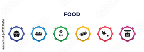 food filled icons with infographic template. glyph icons such as boiler, fried tofu curd balls, jawbreaker, hotdog and bread, tea ceremony, scale balanced tool vector.