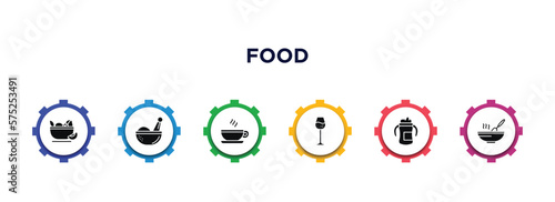 food filled icons with infographic template. glyph icons such as vitamins, spices, coffee cup with steam, cup of wine, sippy cup, stew vector.