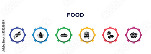 food filled icons with infographic template. glyph icons such as kebab, kitchen pack, risotto, snack booth, time to have a break, raspberry leaf vector.