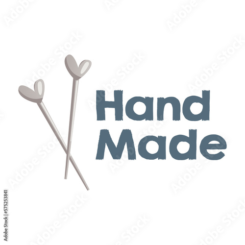 Needles for knitting with heart and lettering Handmade. Tools and equipment for knitwork, handicraft. Handmade needlework, hobby at home. Knitting studio, workshop advertising. Cartoon vector
