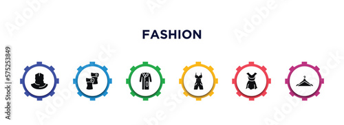 fashion filled icons with infographic template. glyph icons such as neck gaiter, leg warmer, lab coat, , hawaiian, clothing hanger vector. photo