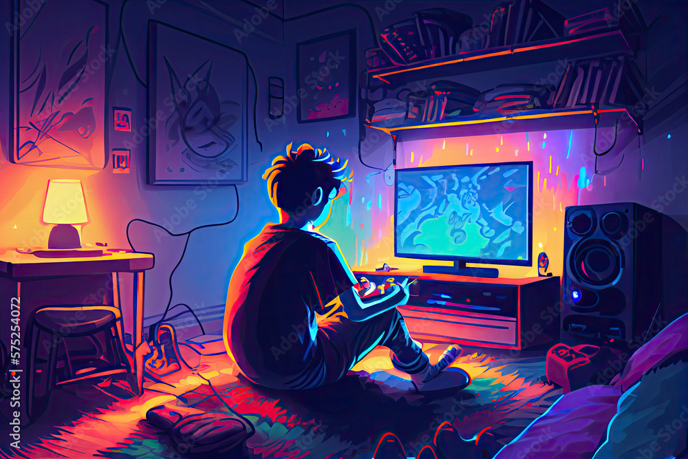 boy playing video games in a room. colorful lights and cartoon style Stock Illustration Adobe