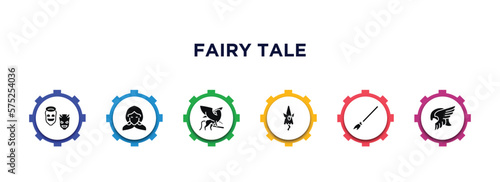 fairy tale filled icons with infographic template. glyph icons such as antagonist, little red riding hood, griffin, karakasakozou, broomstick, valkyrie vector.