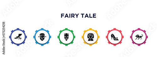 fairy tale filled icons with infographic template. glyph icons such as gryphon, frankenstein, evil, fairy godmother, cinderella shoe, chimera vector.
