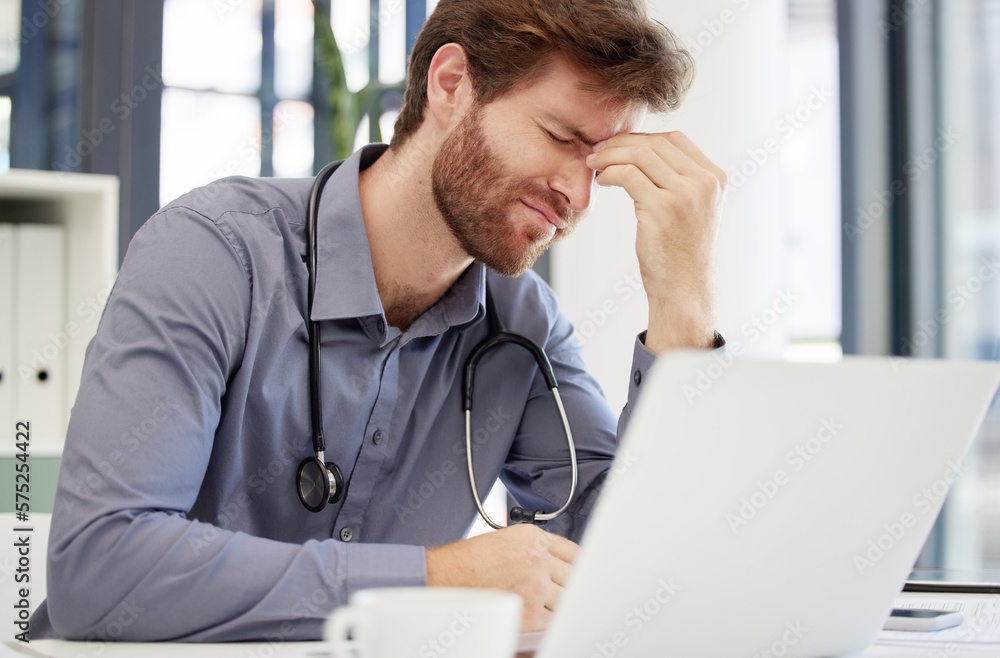 Headache, stress or man doctor on laptop in hospital feeling pain, burnout or migraine working in office. Medicine, anxiety or medical physician on tech for mental health, depression or surgery fail Headache, stress or man doctor on laptop in hospital feeling pain, burnout or migraine working in office. Medicine, anxiety or medical physician on tech for mental health, depression or surgery fail