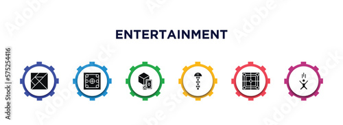 entertainment filled icons with infographic template. glyph icons such as tangram, carrom, board game box, hopscotch, mill game, jump vector.