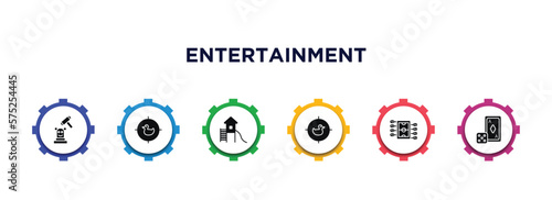 entertainment filled icons with infographic template. glyph icons such as whack a mole, duck shooting, toboggan, shoot duck, table soccer, board games vector.