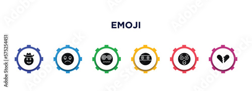 emoji filled icons with infographic template. glyph icons such as cowboy hat emoji, slightly frowning emoji, hypnotized ninja hushed broken heart vector.