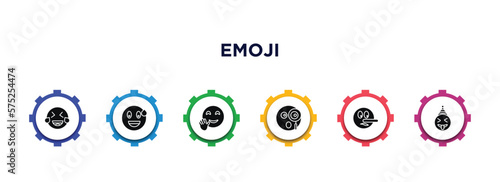 emoji filled icons with infographic template. glyph icons such as laughing emoji, sweating emoji, hello curious liar crazy vector.