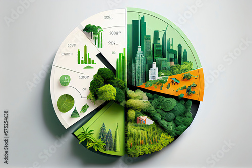 Pie chart with city and lush greenery environmental sustainability climate change