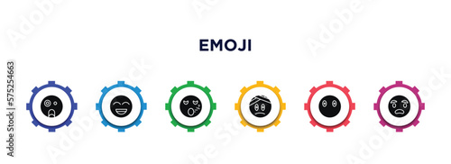 emoji filled icons with infographic template. glyph icons such as shocked emoji, grinning emoji, sleeping injured without mouth, anguished vector.