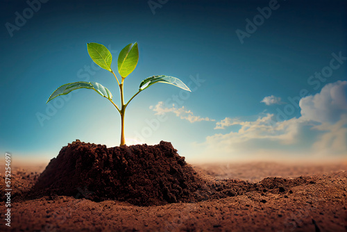 Plant sprout seedling growing out from fertile brown soil on a blue sky horizon landscape environmental