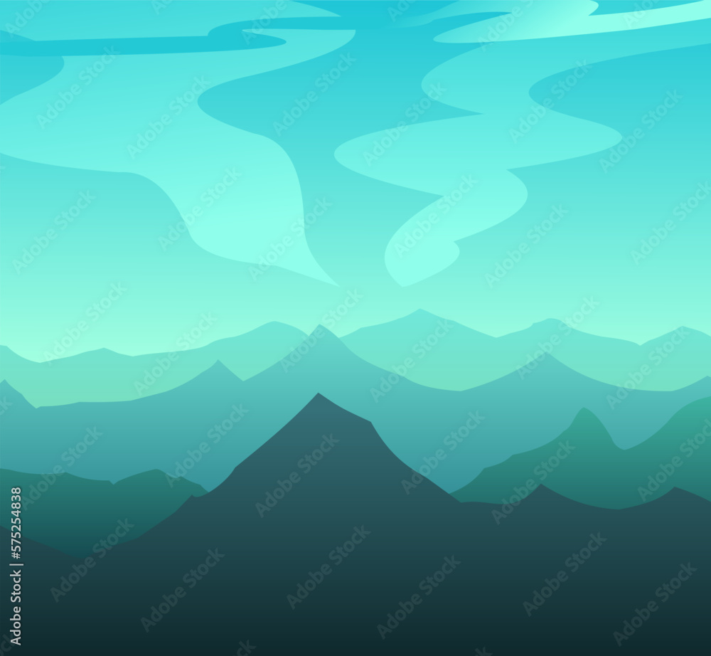 Mountain silhouettes. Far horizon landscape. Sharp rock peaks and hills. Ridge and range. Cartoon fun style. Flat design. Vector