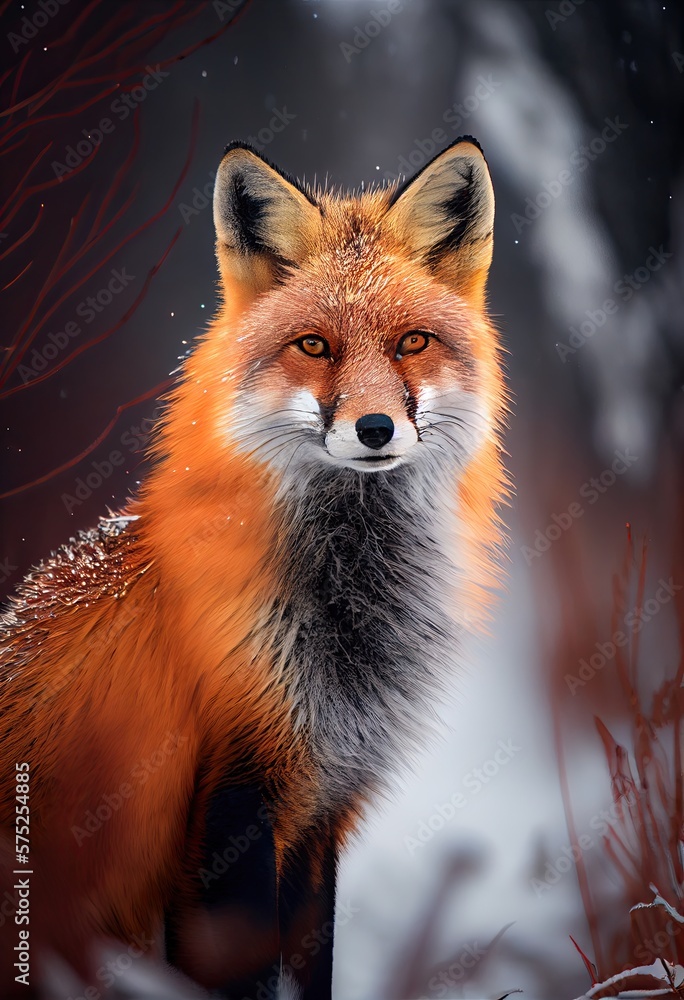 Fototapeta premium Fuchs im Winter blickt in den Schnee, generative AI