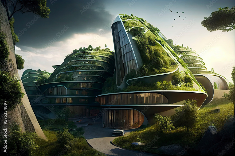 Obraz premium Splendid environmental awareness city with vertical forest concept of metropolis covered with green plants. Civil architecture and natural biological life combination.