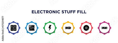 electronic stuff fill filled icons with infographic template. glyph icons such as calculating, picture, blitz flash, battery almost full, compact disc, low battery vector.