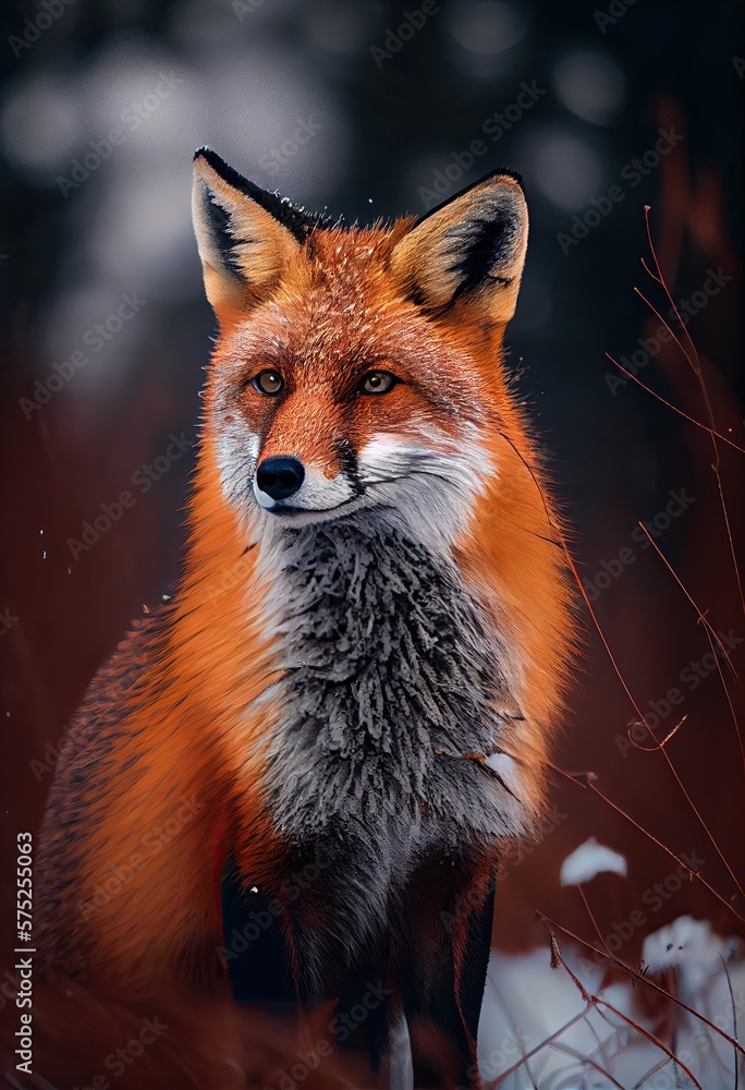 Fototapeta premium Fuchs im Winter sitzend im Schnee, generative AI