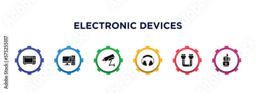 electronic devices filled icons with infographic template. glyph icons such as convection oven, personal computer, video surveillance, earphones, sata, food processor vector.