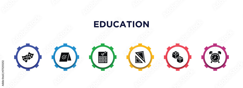 education filled icons with infographic template. glyph icons such as drama, booked, check list, square school tool, block with letters, wake up vector. education filled icons with infographic template. glyph icons such as drama, booked, check list, square school tool, block with letters, wake up vector.