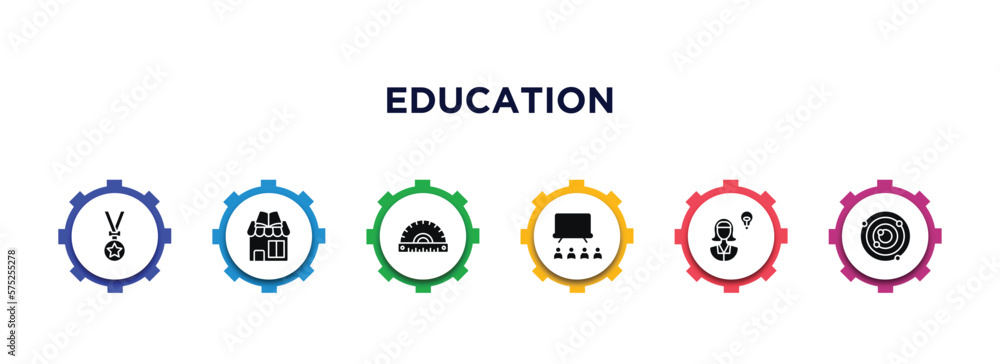 education filled icons with infographic template. glyph icons such as medallion, book shop, semicircle with ruler, university class, woman with idea, atomic theory vector. education filled icons with infographic template. glyph icons such as medallion, book shop, semicircle with ruler, university class, woman with idea, atomic theory vector.