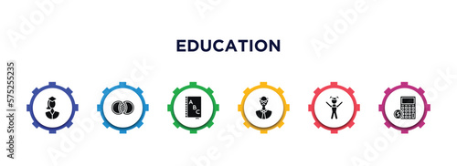 education filled icons with infographic template. glyph icons such as scholar, combination, alphabet book, bald, kids, calculator and dollar vector.