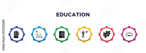 education filled icons with infographic template. glyph icons such as registered, parabolic function, test results, man with trophy, comedy mask, semicircles vector.