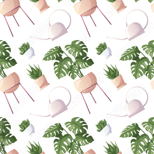Pattern with succulent, watering can, monstera houseplant in pot. Indoor potted house plant in flowerpot. Home garden, greenhouse, gardening lover. Domestic store wallpaper, scrapbooking, textile