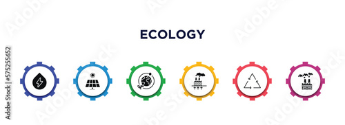 ecology filled icons with infographic template. glyph icons such as water energy, solar panels, ozone layer, geothermal energy, recyclable, pollution vector.