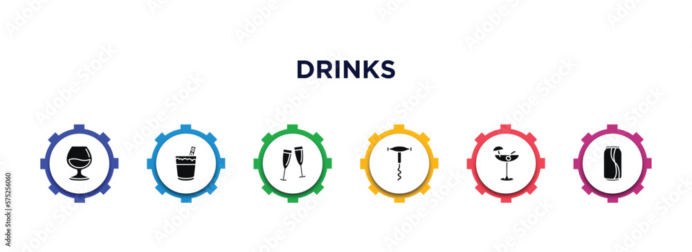 drinks filled icons with infographic template. glyph icons such as armagnac, white russian drink, toast, sorkscrew, pink rose, vector. drinks filled icons with infographic template. glyph icons such as armagnac, white russian drink, toast, sorkscrew, pink rose, vector.