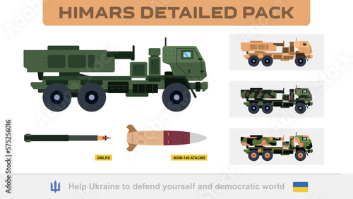Vector M142 HIMARS. High Mobility Artillery Rocket System. Multiple rocket launcher. MLRS. MGM-140 ATACMS. GMLRS