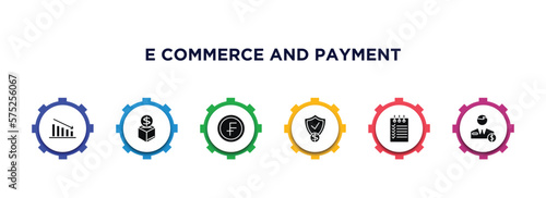 e commerce and payment filled icons with infographic template. glyph icons such as decrease, moneybox, swiss franc, guaranty shield, shopping list, broker vector.