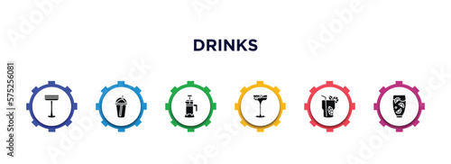 drinks filled icons with infographic template. glyph icons such as irish sour, coffee bean, french press, manhattan, mojito, lemon juice vector.
