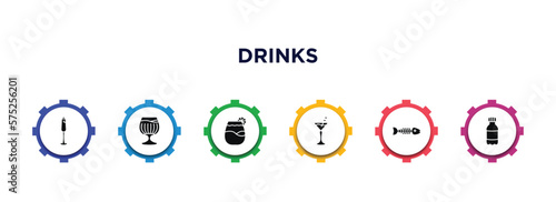 drinks filled icons with infographic template. glyph icons such as french 75, brandy glass, pisco sour, manhattan drink, fish skeleton, mashing vector.